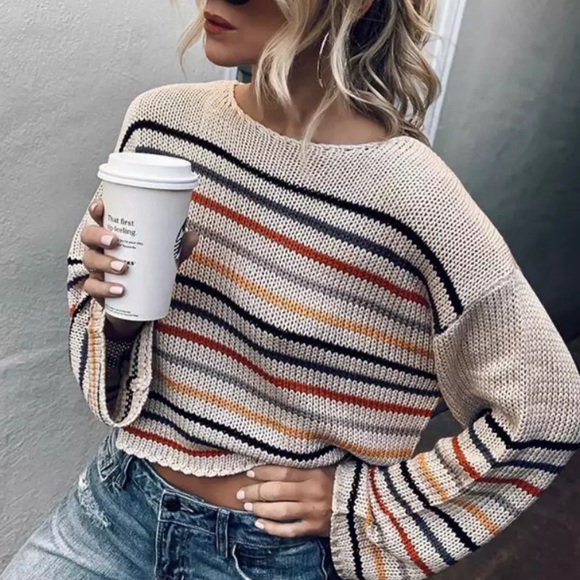 Rainbow Striped Boho Knit Sweater Black Bohemian - Picture 6 of 11